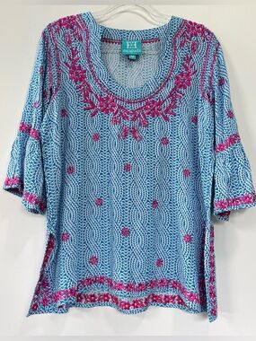 Escapada Montreux Blue Tunic with Pink Floral Embroidery Size Medium